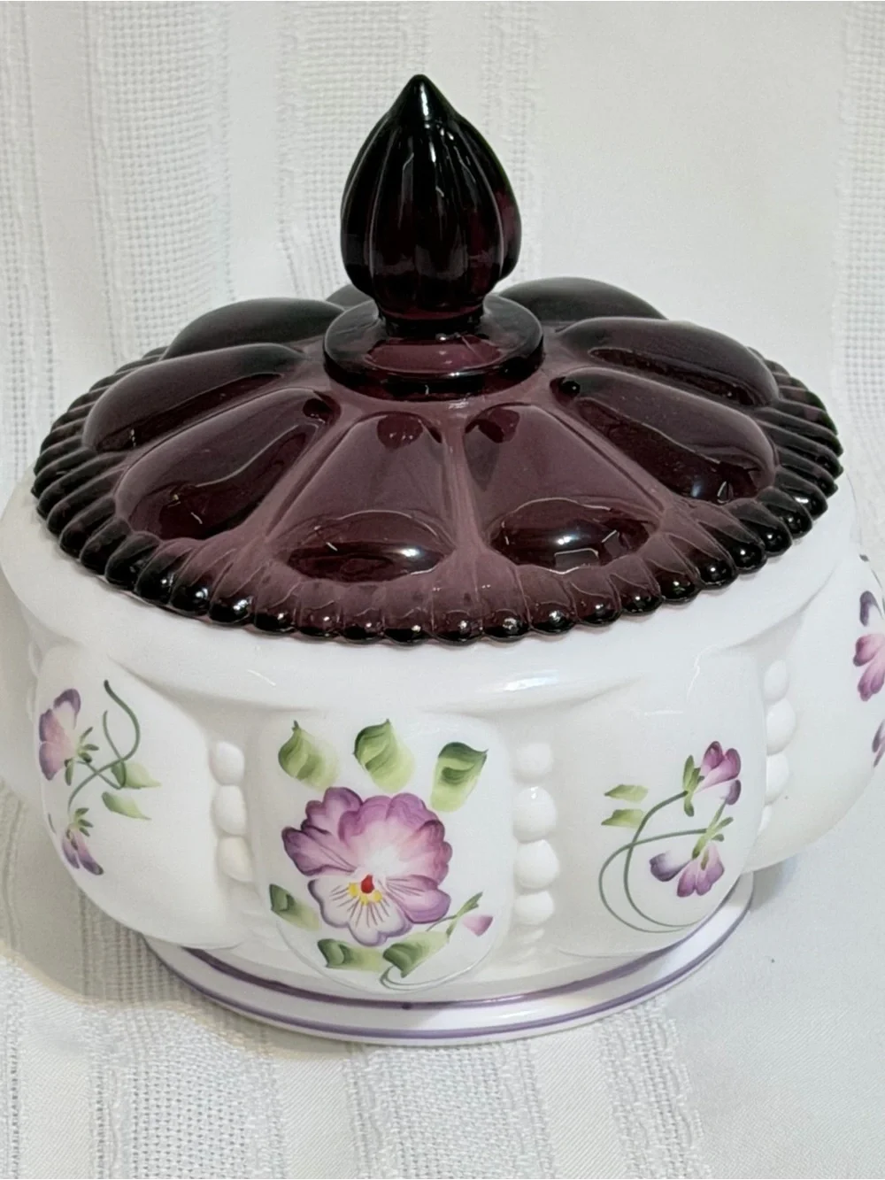1996 #725 Fenton Trellis Melon Purple White Powder/Candy Dish Bubble Lid Signed